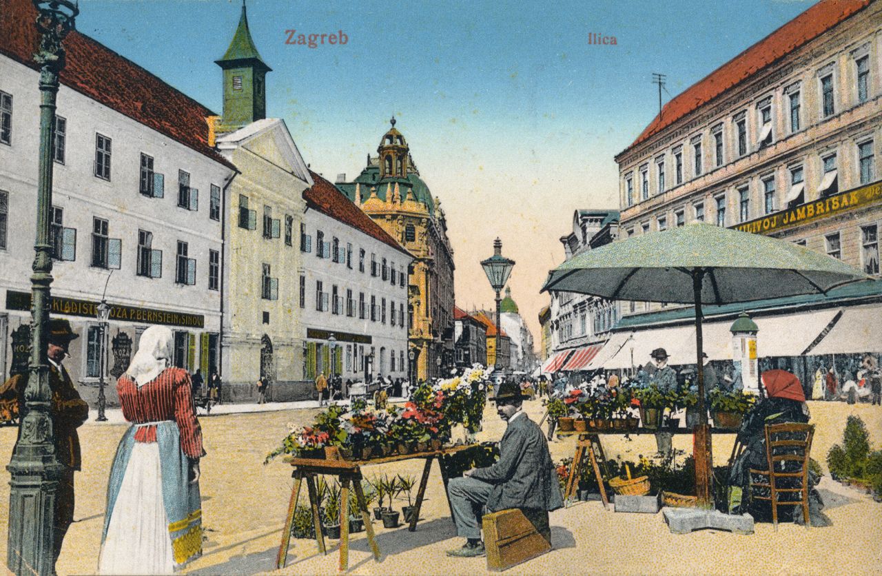 Trg bana Jelačića 1905. godine. Prodavači cvijeća na Jelačićevom trgu